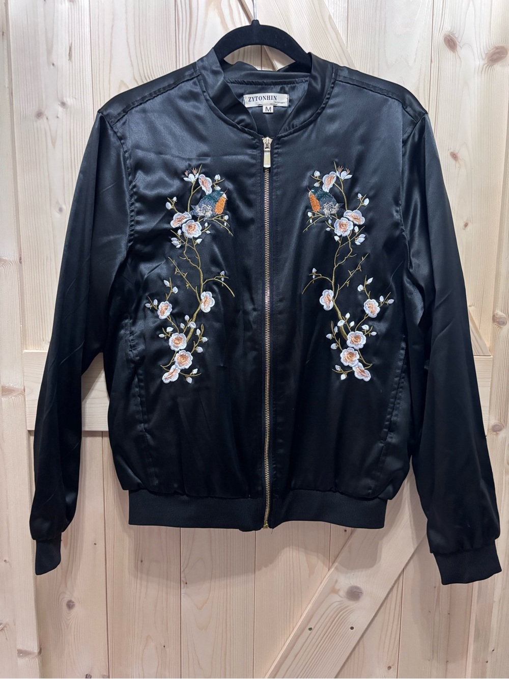 Ziyongxin Black Embroidered Satin Bomber Jacket